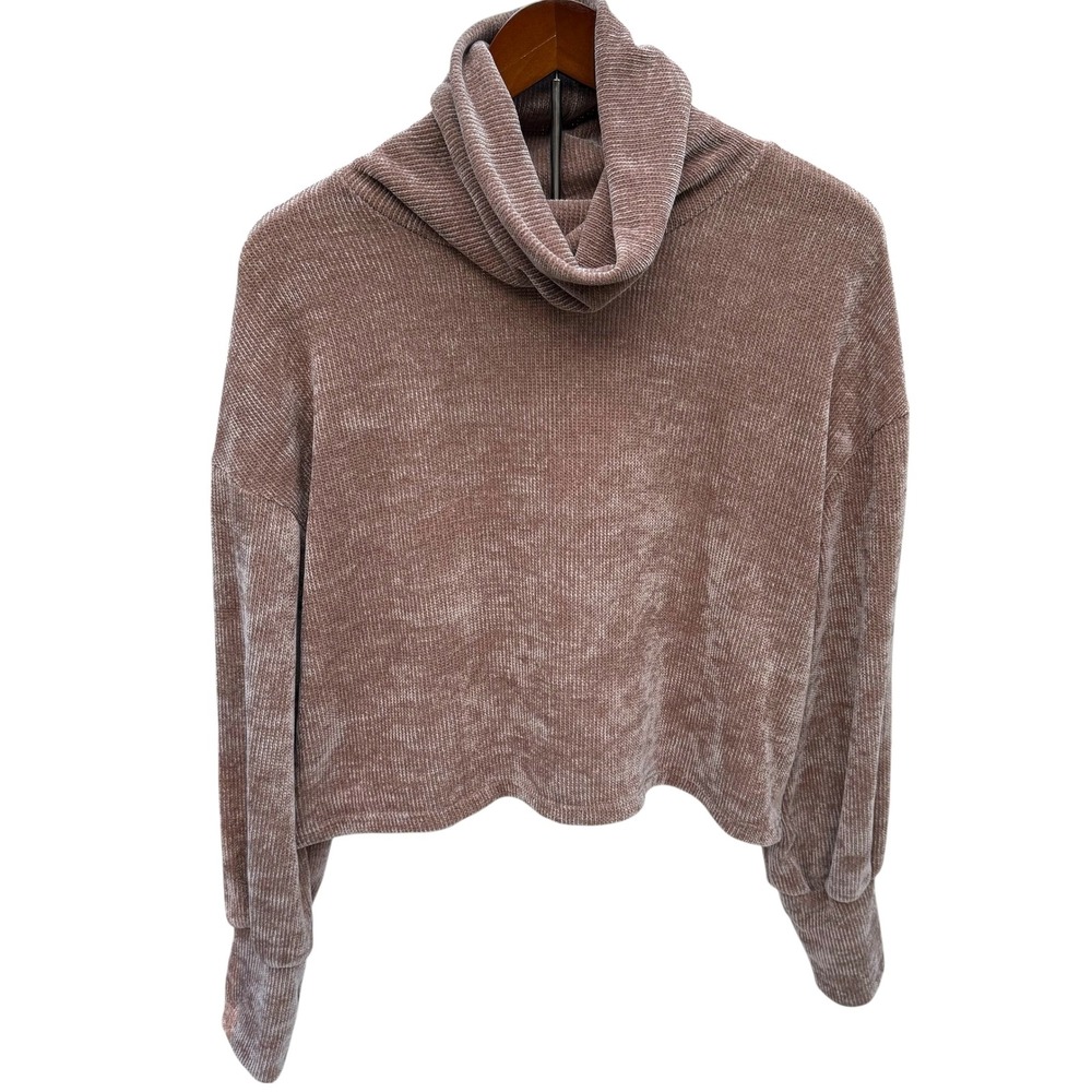 If She Loves Sweater Women Large Brown Cowl Neck Long Sleeve Cropped Made in USA